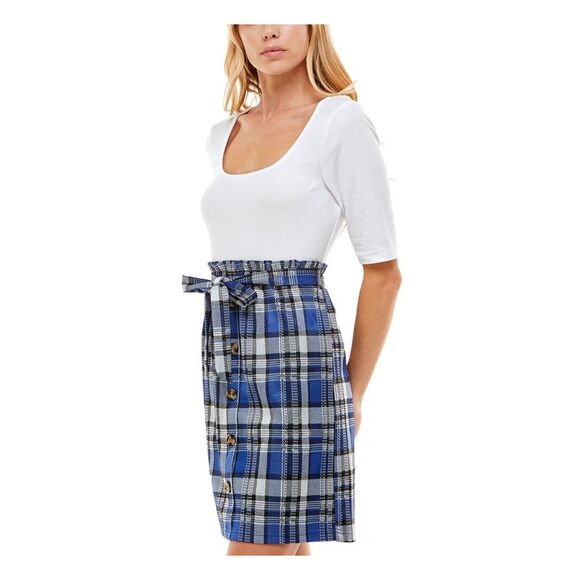 ULTRA FLIRT Womens Blue Belted Layered-look Plaid Elbow Sleeve Dress XS - Picture 3 of 4